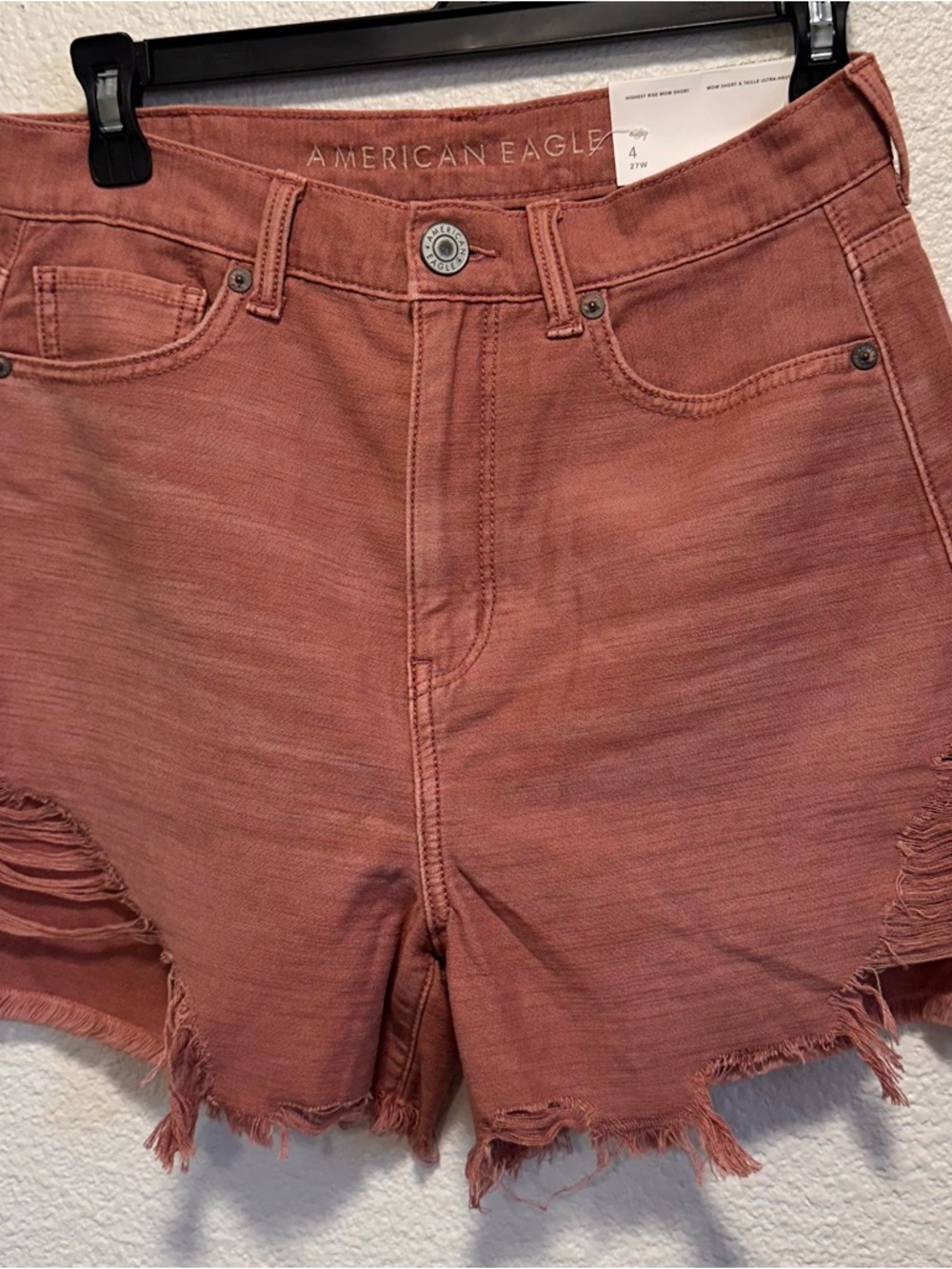 American Eagle Outfitters Rust-Pink High-Rise Frayed Denim Shorts